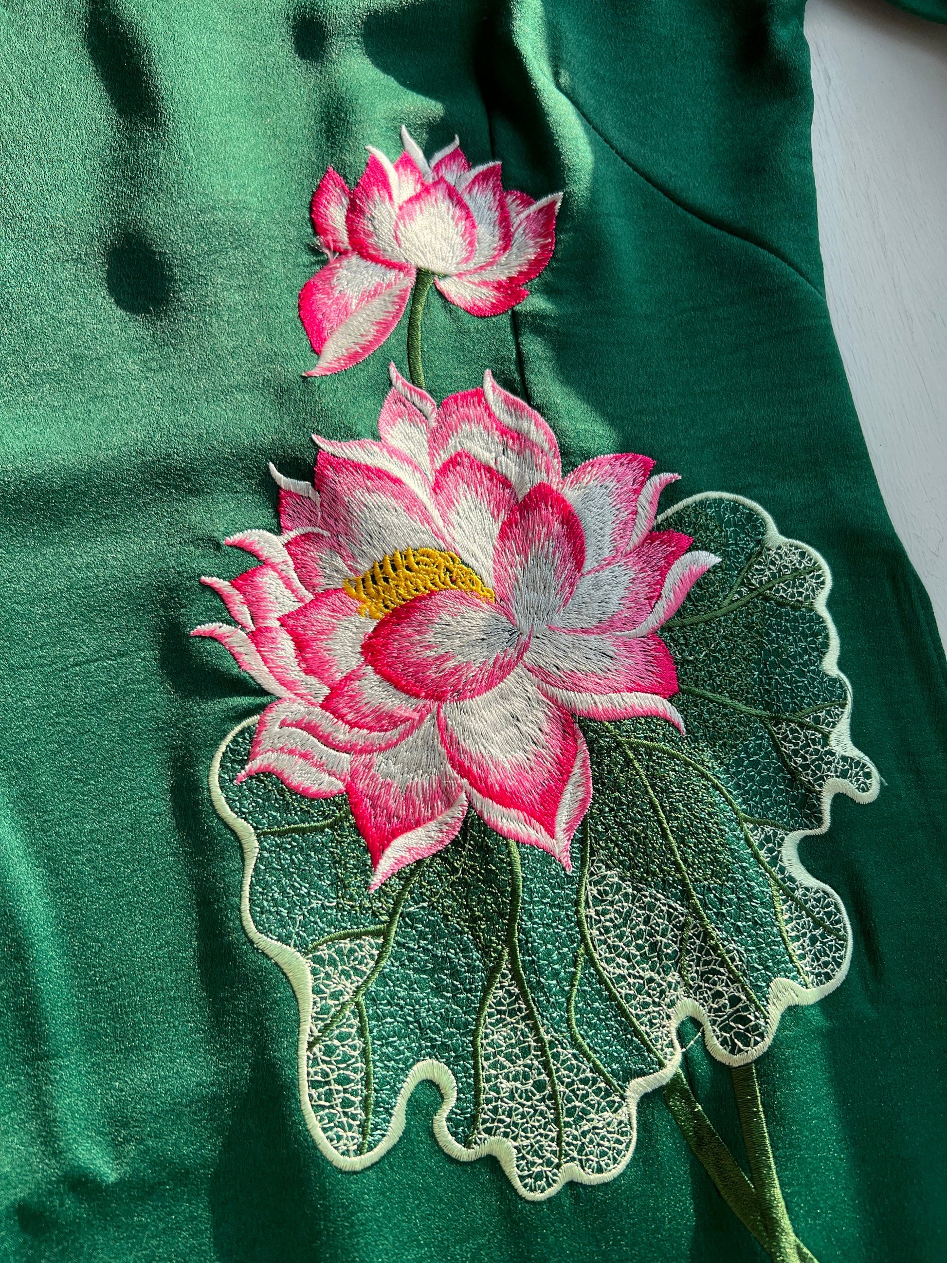 Green Lotus Embroidery Silk Ao Dai Top Only, NO PANTS