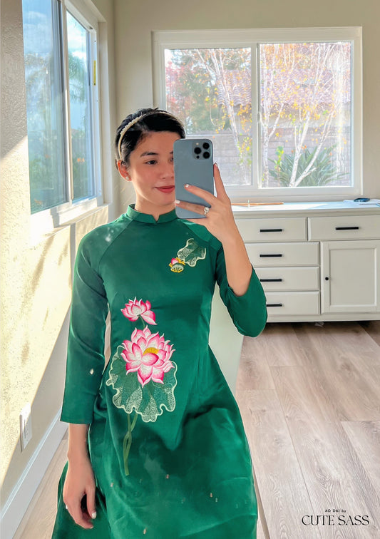 Green Lotus Embroidery Silk Ao Dai Top Only, NO PANTS