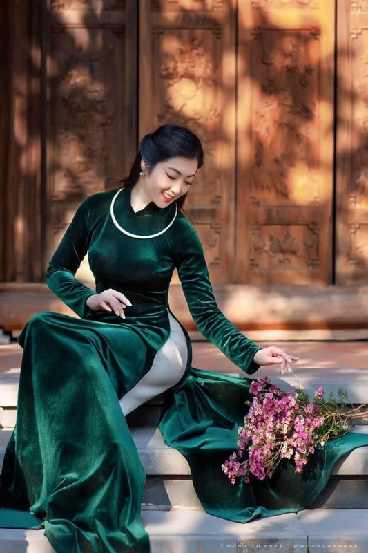 Green Velvet Plain Ao Dai Top Only, NO PANTS