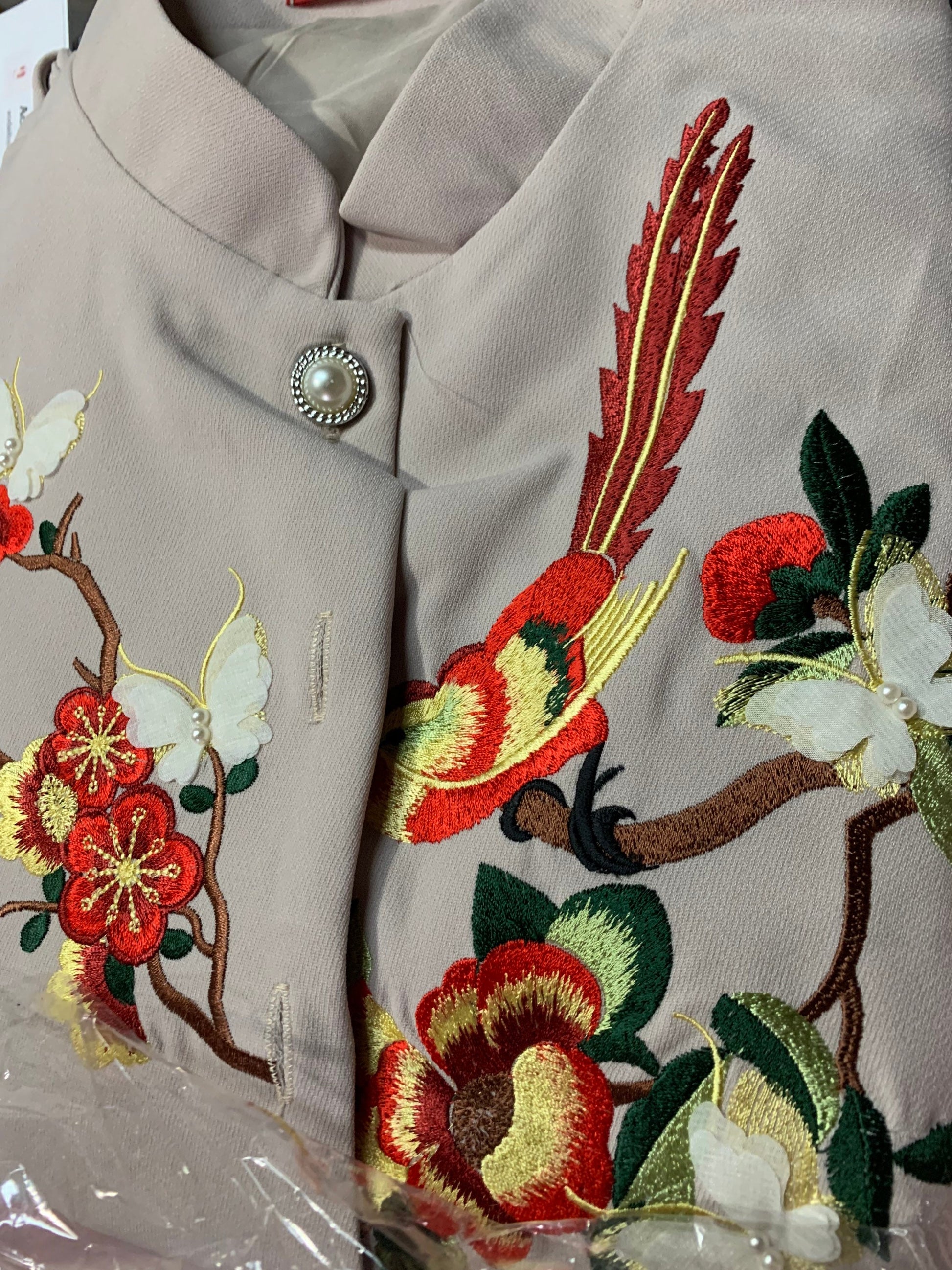 Gray/ Cream Blazer Embroidery Sparrow Ao Dai Set | Pre-made Traditional Ao Dai| Women Ao Dai with Pants|Lunar New Year| Ao Dai Cach Tan