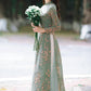 Green Mini Flowers Chiffon Ao Dai Set with Headband