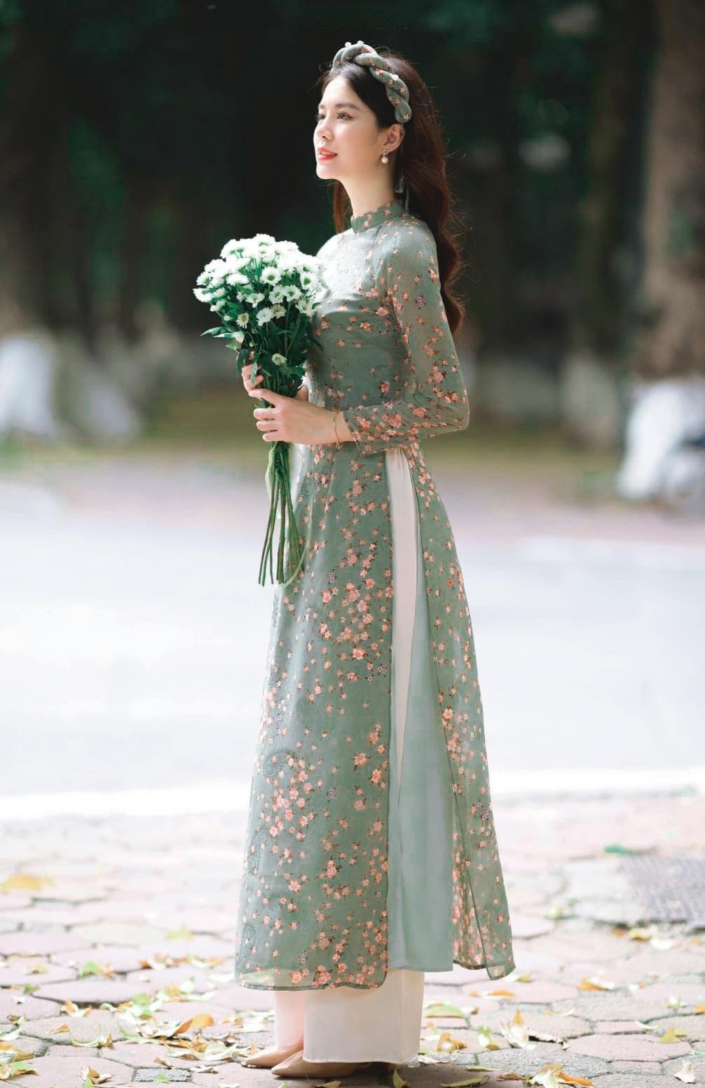 Green Mini Flowers Chiffon Ao Dai Set with Headband