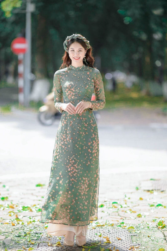 Green Mini Flowers Chiffon Ao Dai Set with Headband