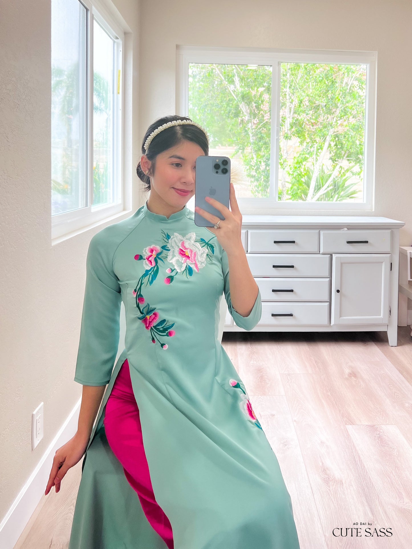 Cyan Embroidery Ao Dai Set