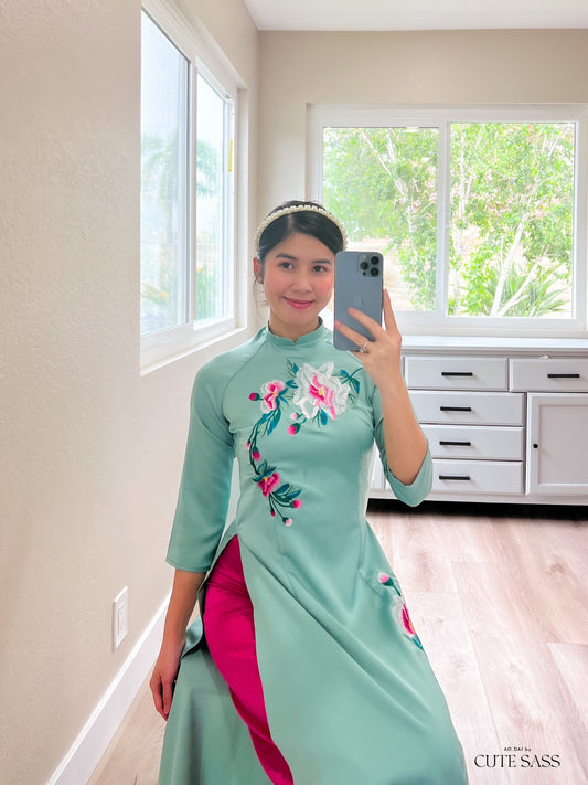 Cyan Embroidery Ao Dai Set