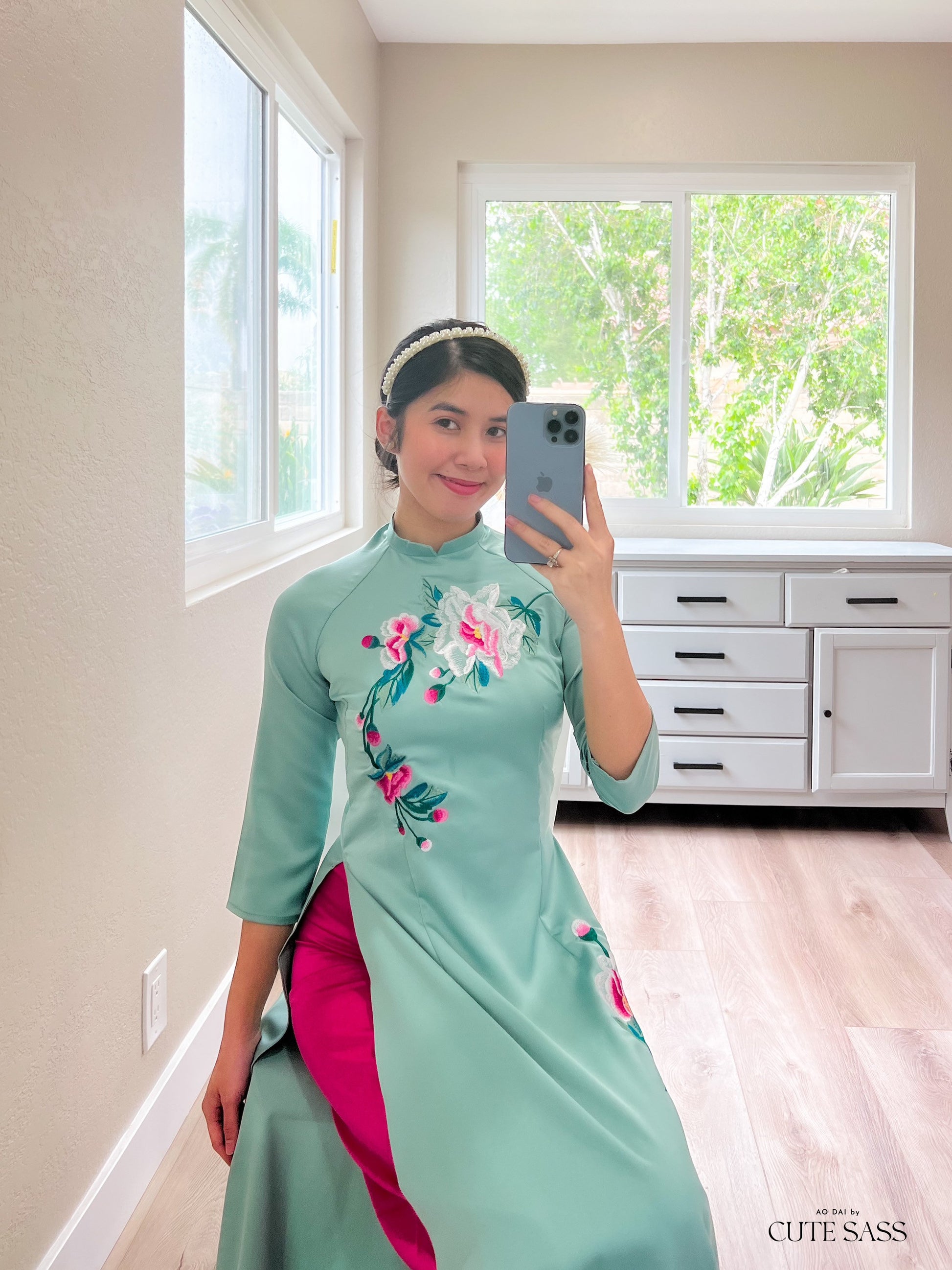 Cyan Embroidery Ao Dai Set