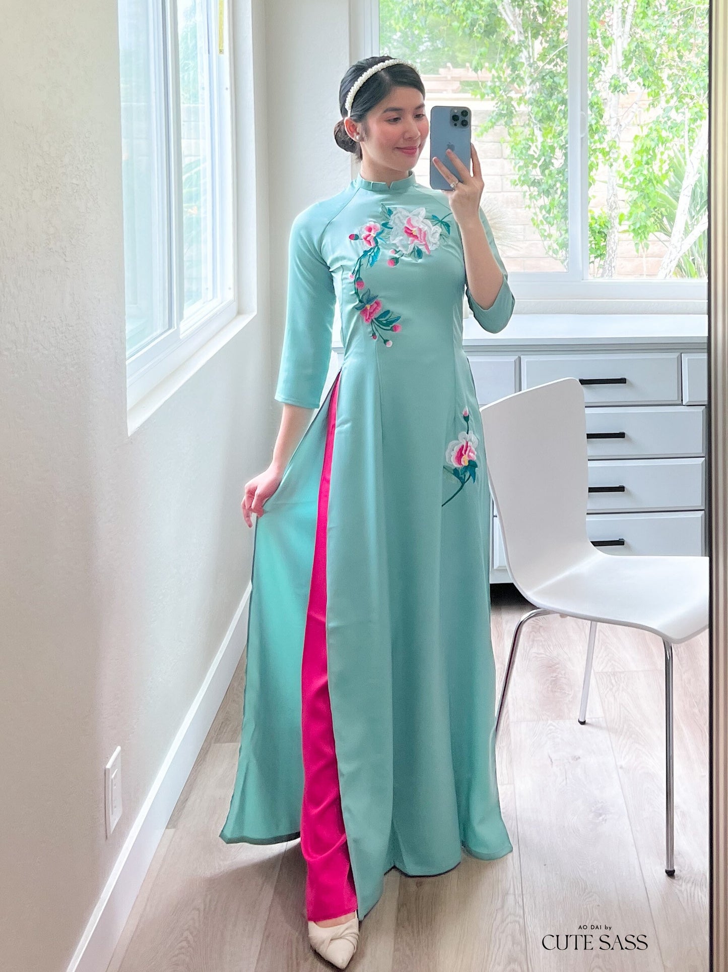 Cyan Embroidery Ao Dai Set