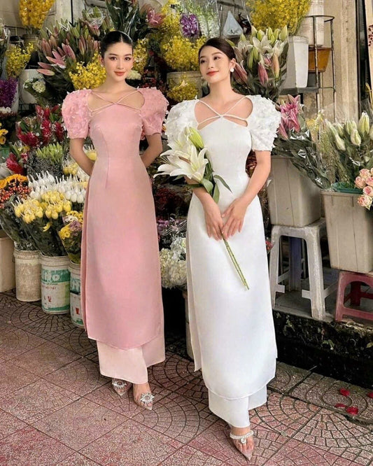 Puffy Sleeves 3D Ao Dai Set (White, Pink) |Pre-made Modernized Vietnamese Ao Dai | Women Ao Dai with Pants|Lunar New Year|Ao Dai Cach Tan|M2