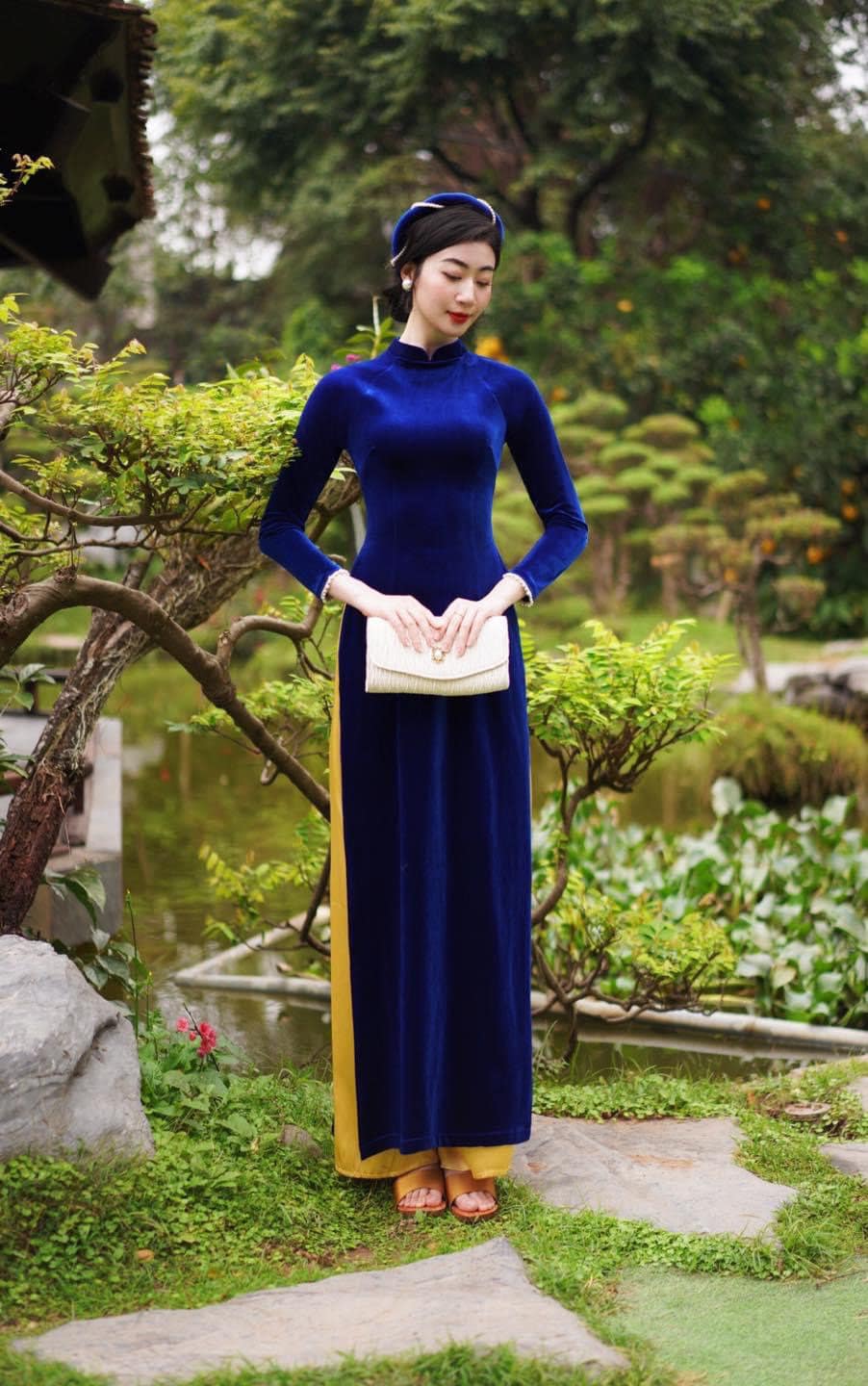 Ink Blue Plain Velvet Ao Dai Top Only, NO PANTS