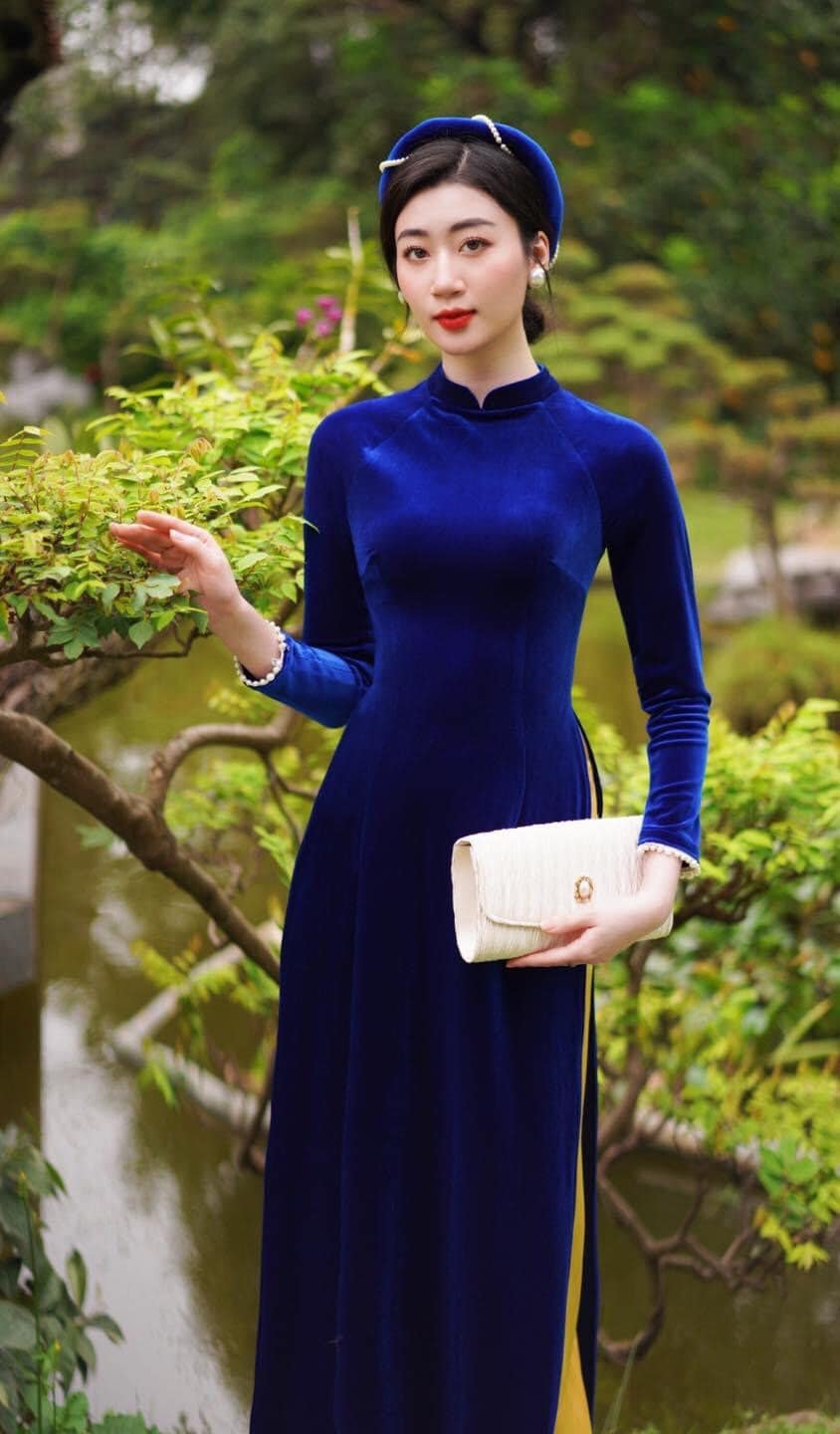 Ink Blue Plain Velvet Ao Dai Top Only, NO PANTS