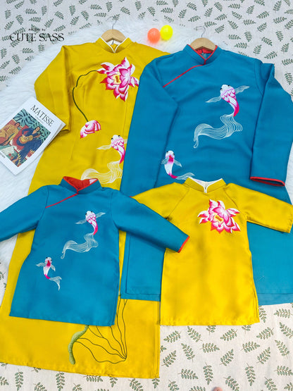 Family Yellow/Prussian Koi Ao Dai Set | Pre-made Vietnamese Ao Dai| Lunar New Year | Ao Dai for Girl, Mom, Dad, Boy | Ao Dai Tet|