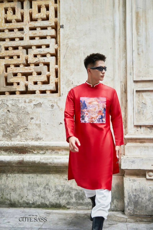 Men Red Printed Dragon Ao Dai Top