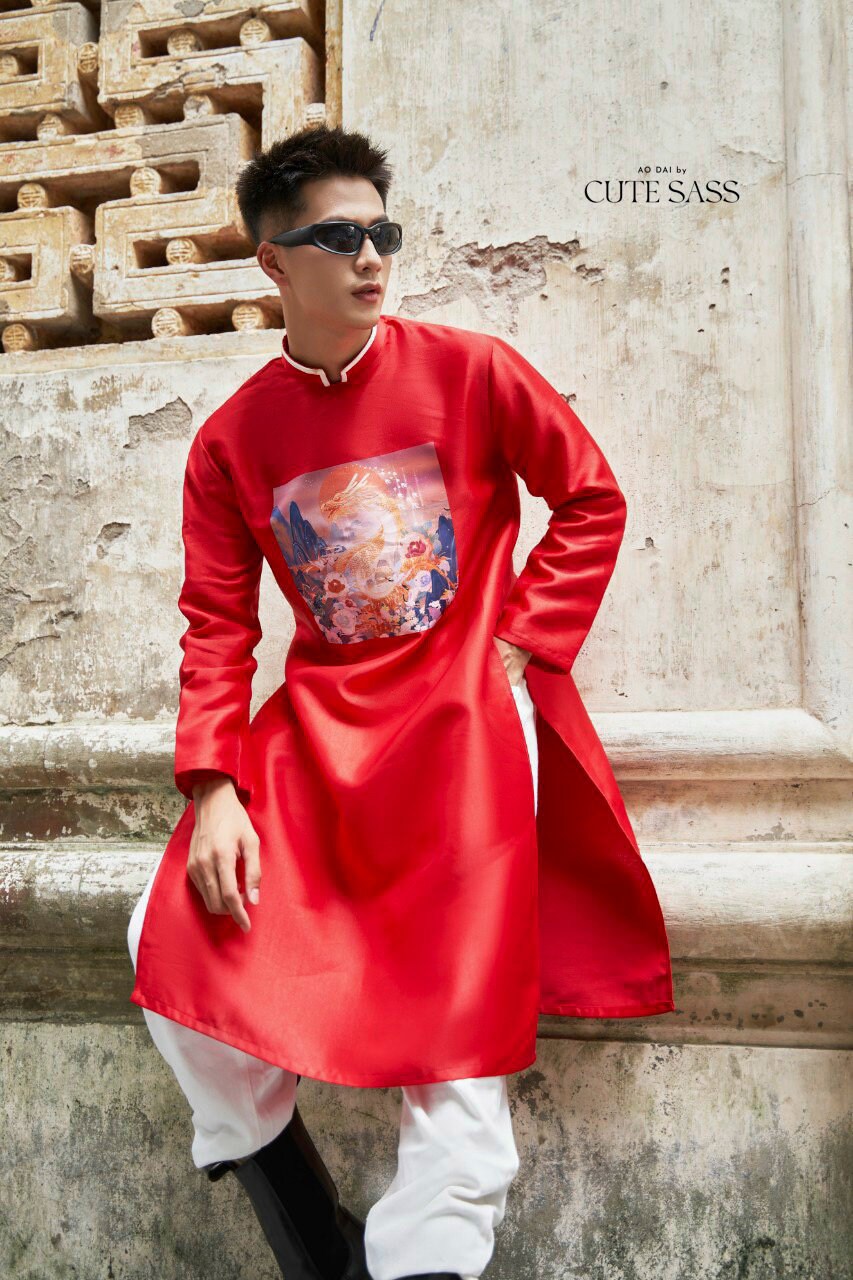 Men Red Printed Dragon Ao Dai Top