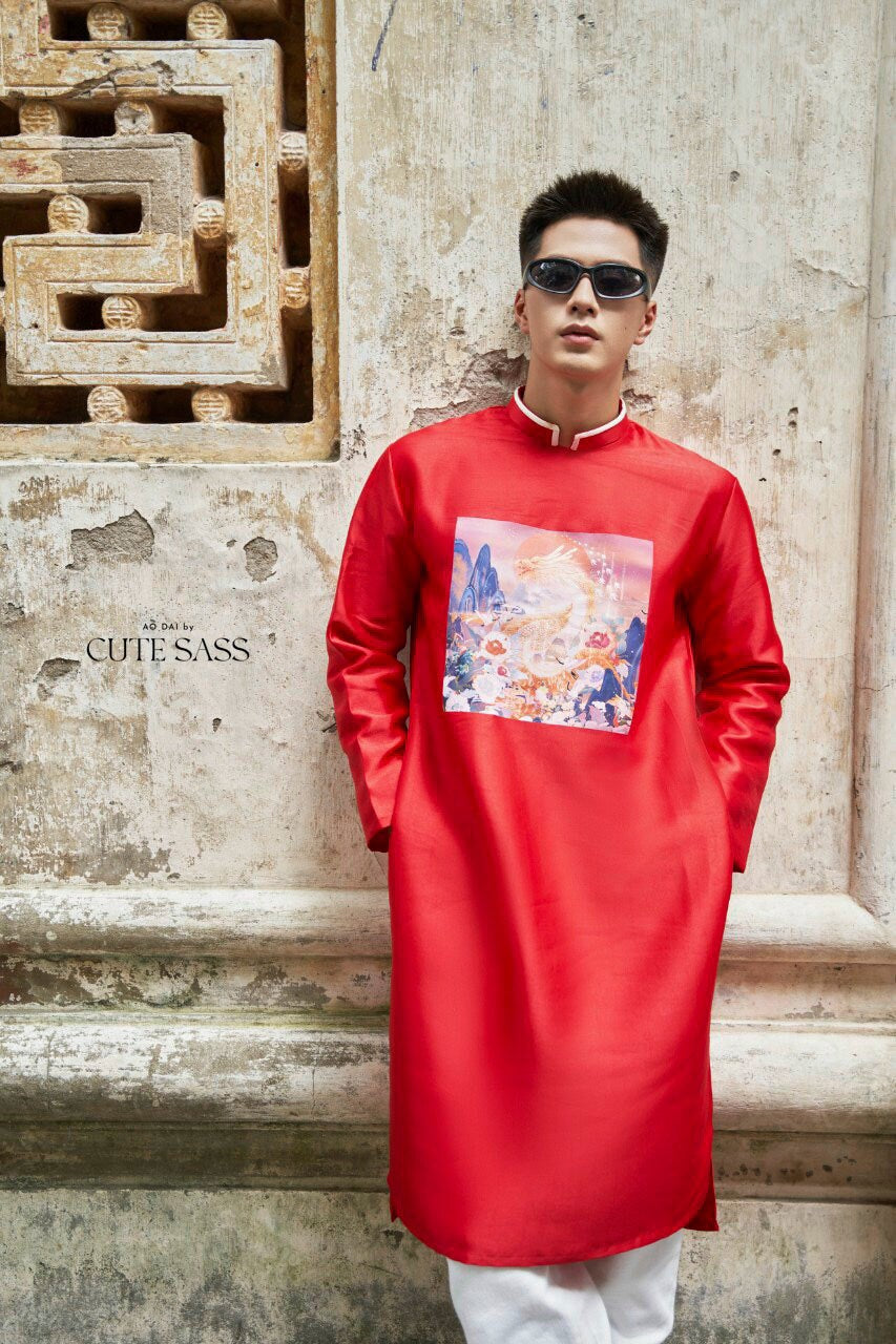 Men Red Printed Dragon Ao Dai Top