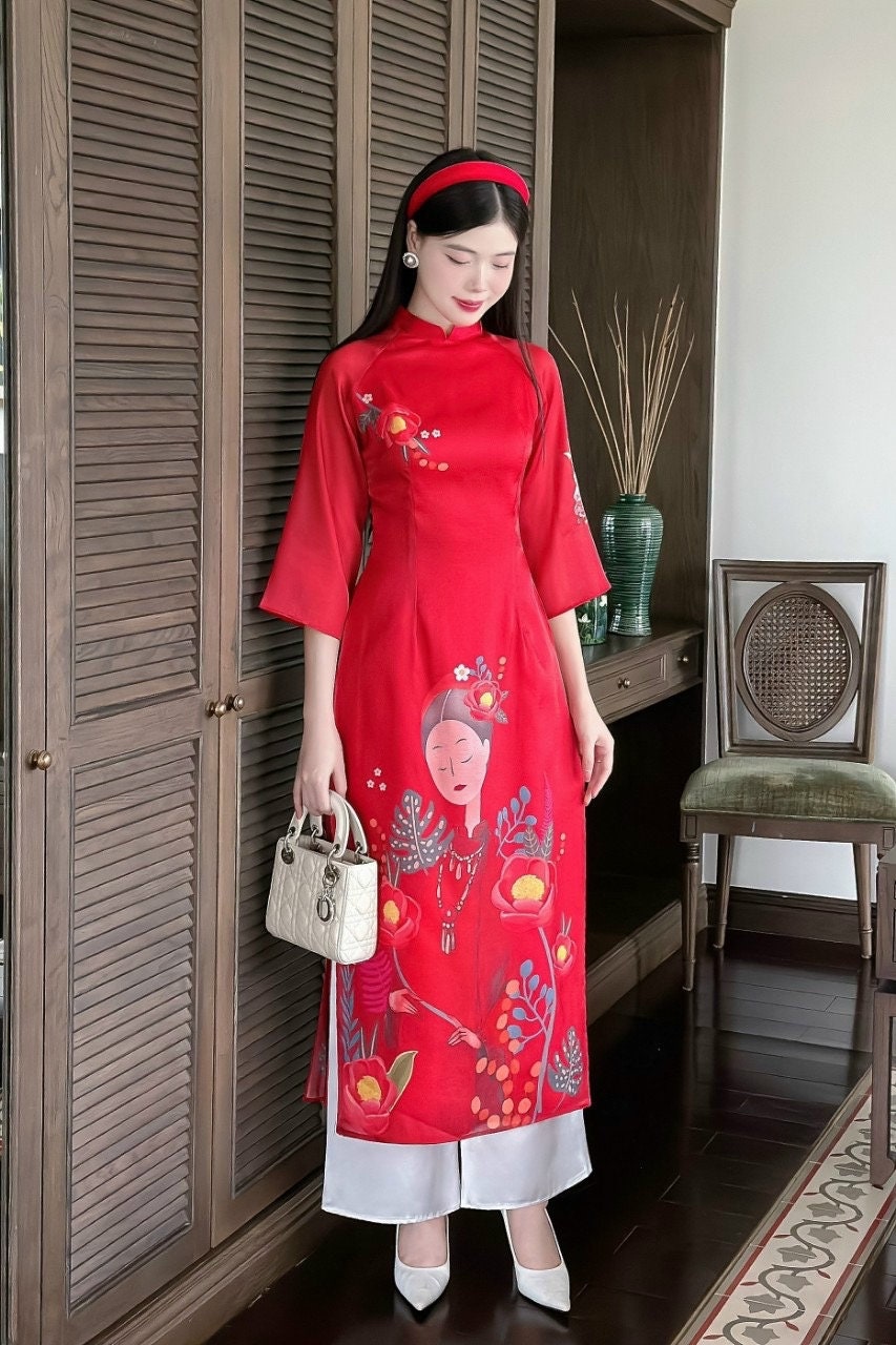 Red Printed Chiffon Ao Dai Set 9E