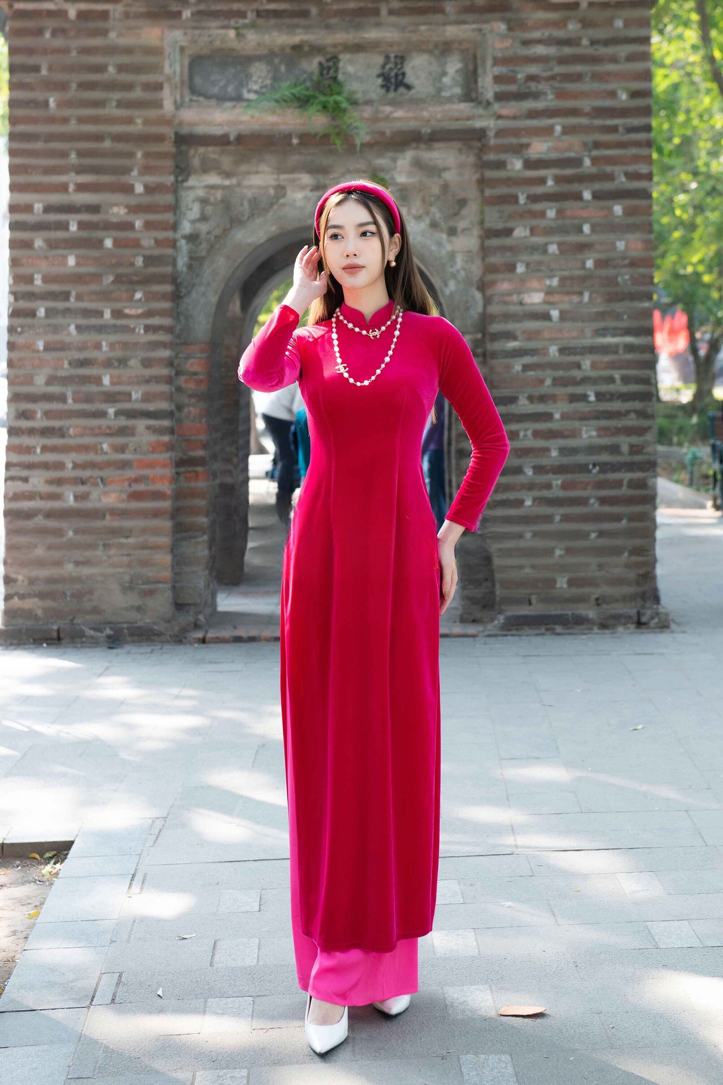 Hot Pink Velvet Plain Ao Dai Top Only, NO PANTS