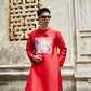 Men Red Printed Dragon Ao Dai Top