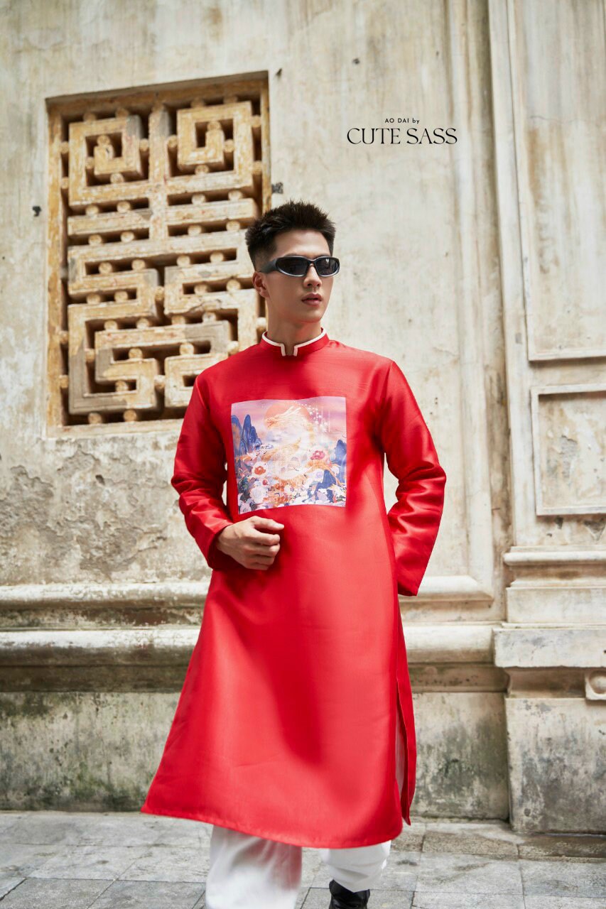 Men Red Printed Dragon Ao Dai Top