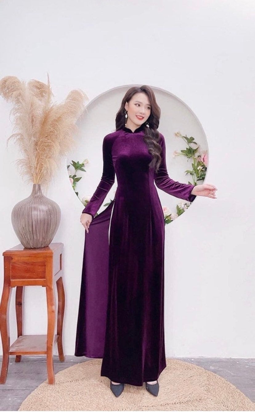 Purple Velvet Plain Ao Dai Top Only, NO PANTS