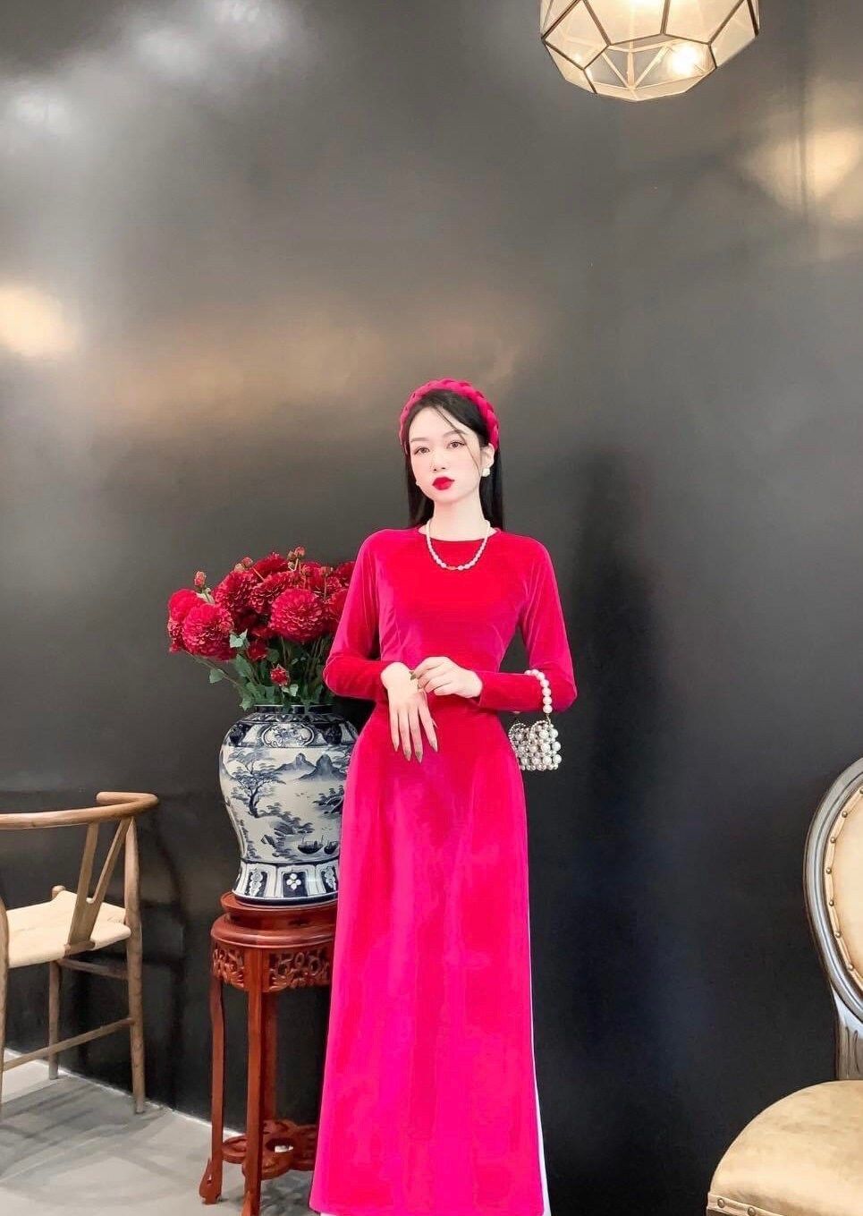 Hot Pink Velvet Plain Ao Dai Top Only, NO PANTS