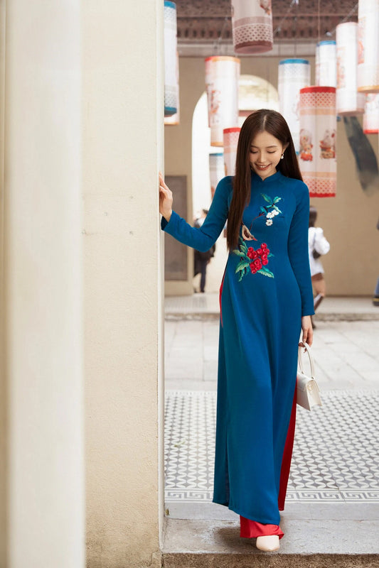 Prussian Blue Embroidery Ao Dai Set