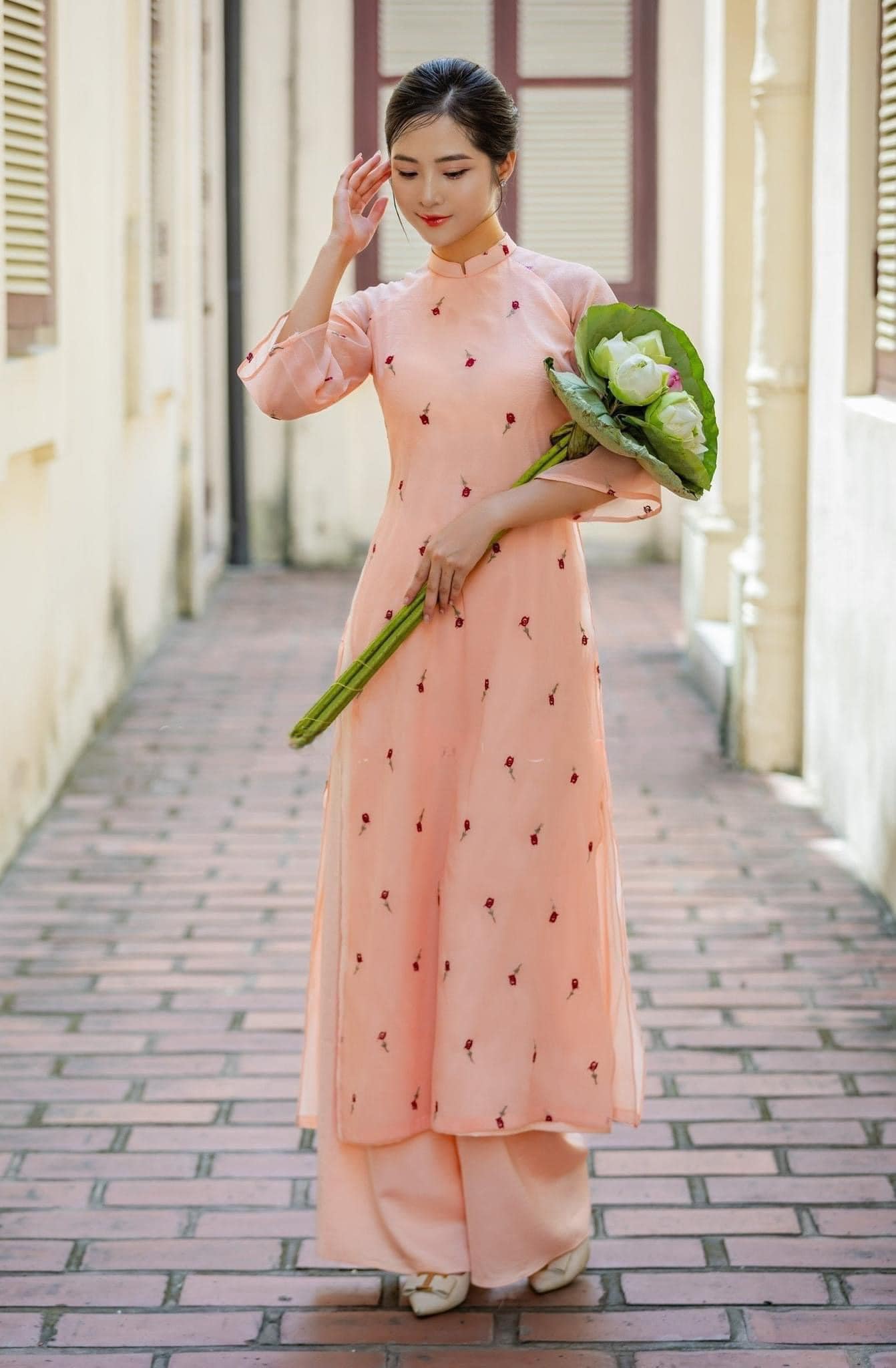 Shifted Chiffon Rose Peach Embroidery Leaf Ao Dai Top Only, NO PANTS 3A|Pre-made Modernized Vietnamese Ao Dai|Pastel Ao Dai|Lunar New Year|