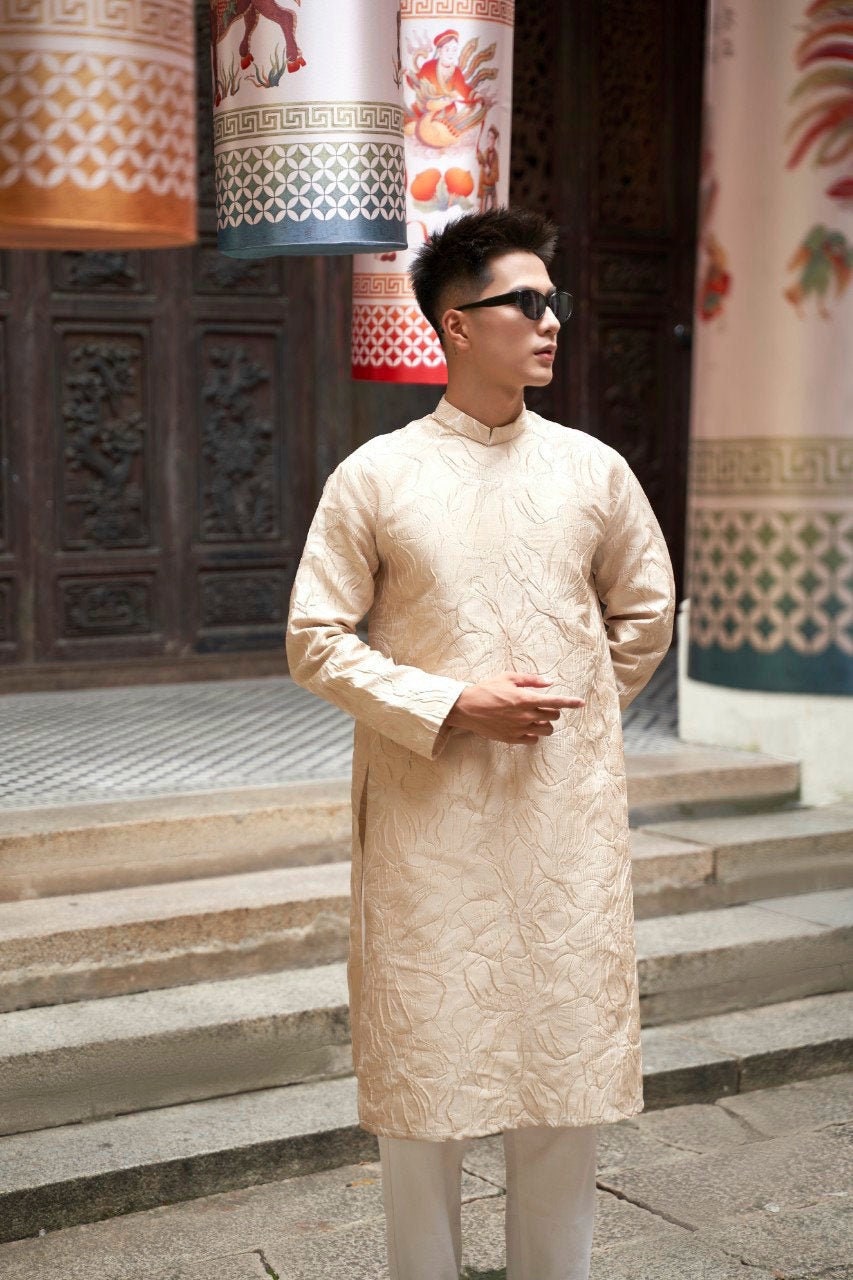 Men Beige 3D Gam Ao Dai Set| Pre-made Traditional Vietnamese Ao Dai| Lunar New Year | Ao Dai for Dad, Boy | Ao Dai Tet|