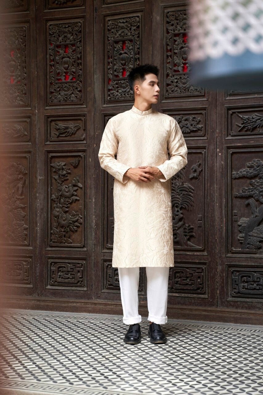 Men Beige 3D Gam Ao Dai Set| Pre-made Traditional Vietnamese Ao Dai| Lunar New Year | Ao Dai for Dad, Boy | Ao Dai Tet|