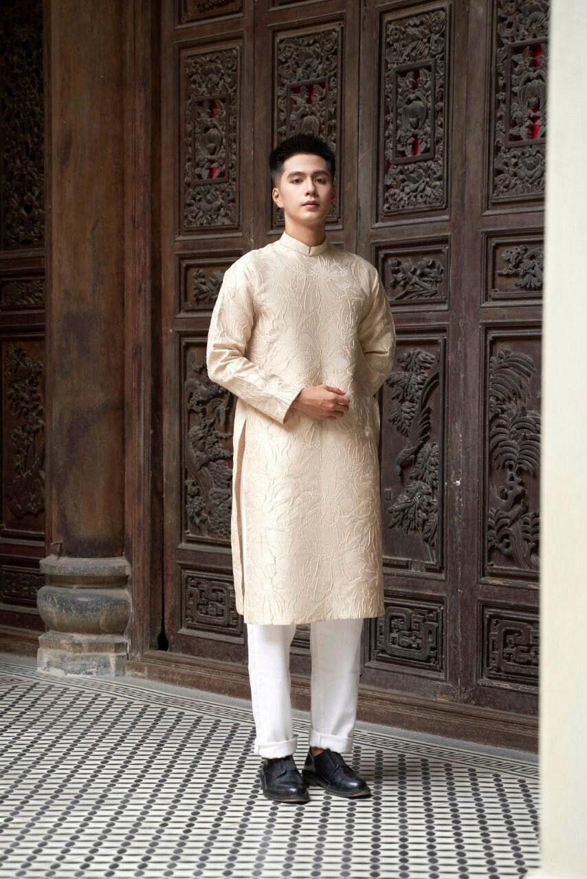 Men Beige 3D Gam Ao Dai Set| Pre-made Traditional Vietnamese Ao Dai| Lunar New Year | Ao Dai for Dad, Boy | Ao Dai Tet|