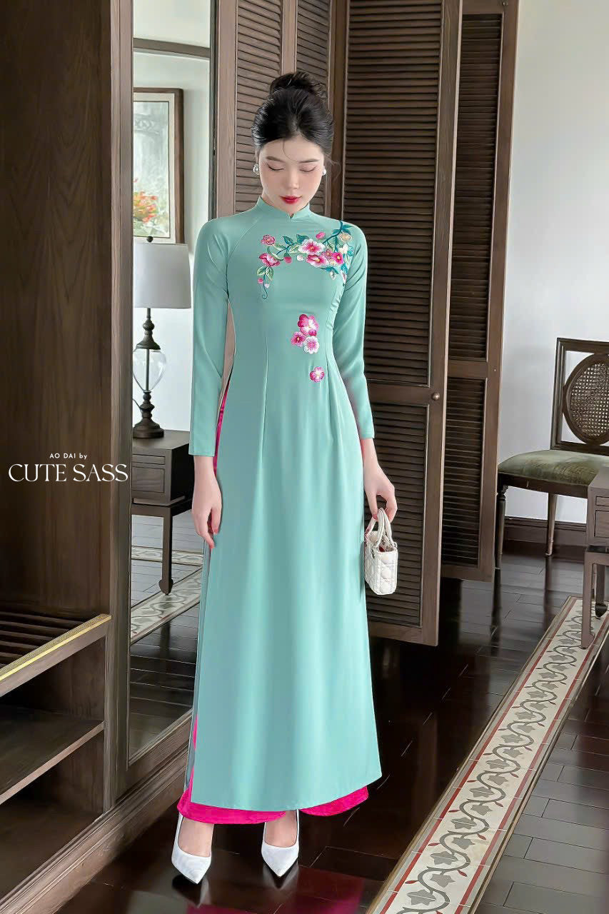 Cyan Embroidery Ao Dai Set