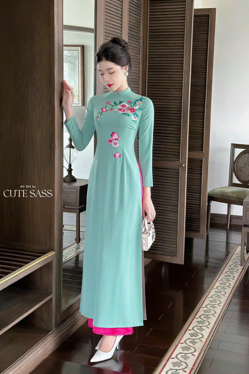 Cyan Embroidery Ao Dai Set