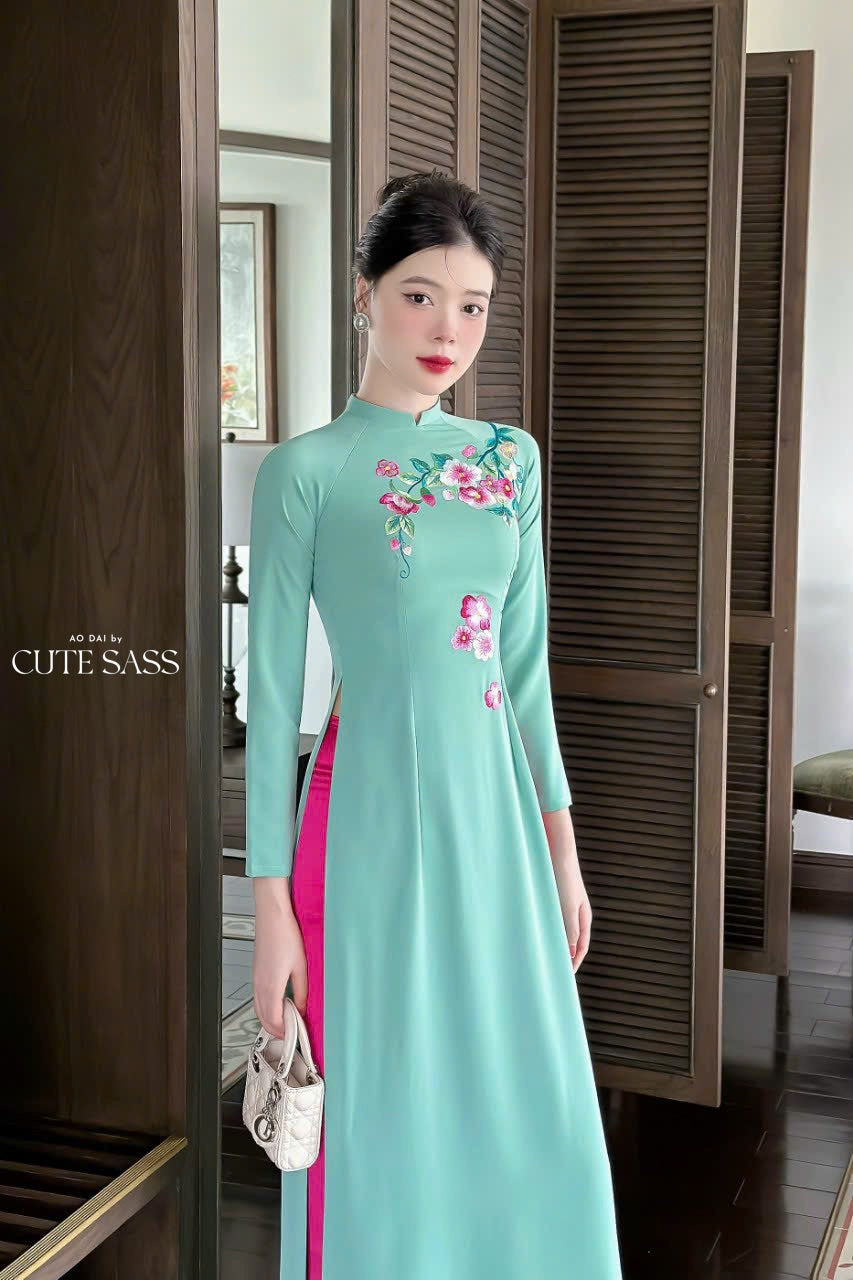 Cyan Embroidery Ao Dai Set