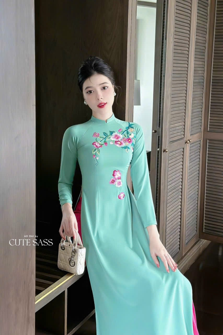 Cyan Embroidery Ao Dai Set