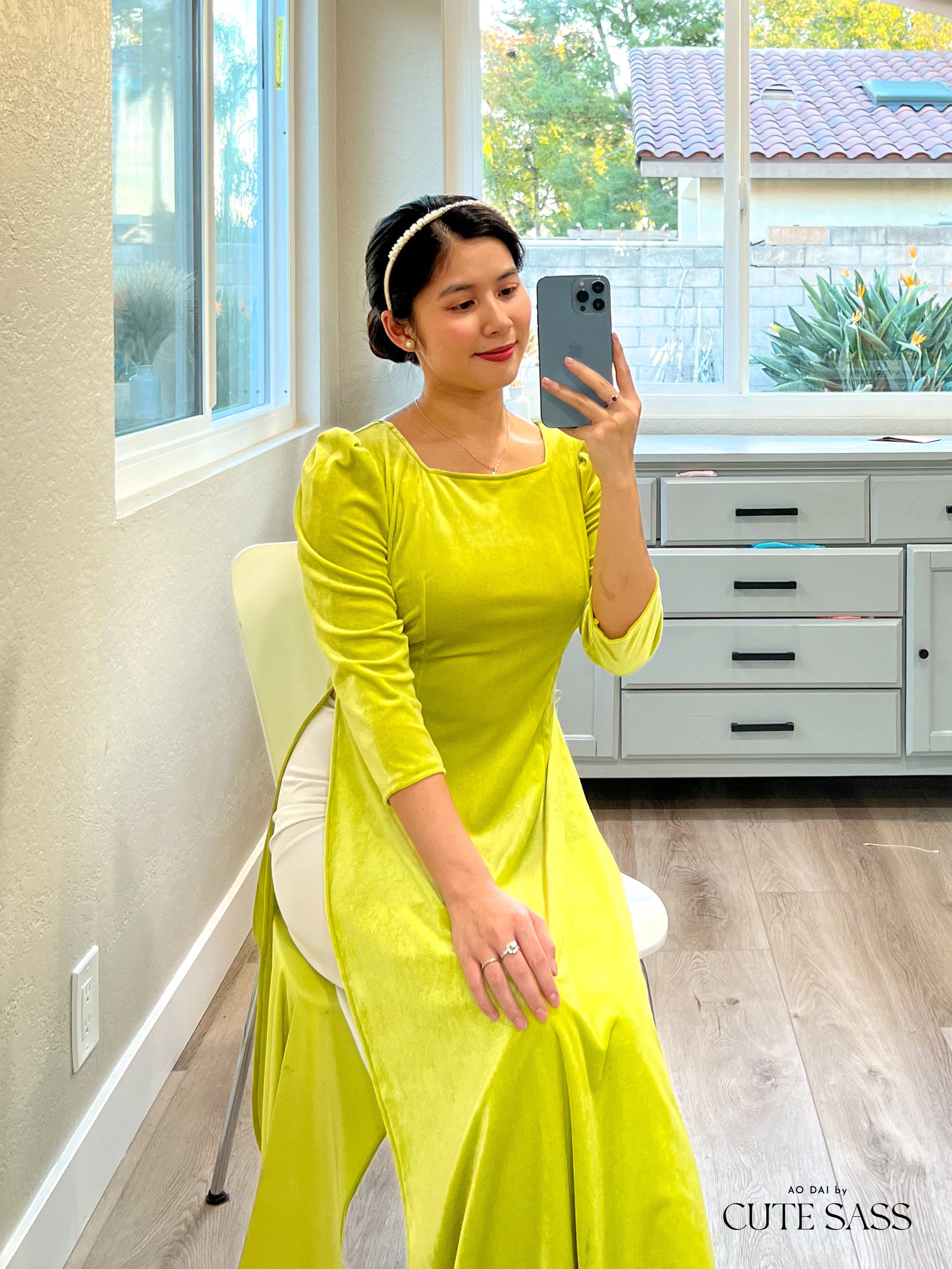 Lime Green Velvet Ao Dai Top Only, NO PANTS 47E Ao Dai by Cute Sass Lime Green Velvet Ao Dai Top Only, NO PANTS 47E Ao Dai by Cute Sass