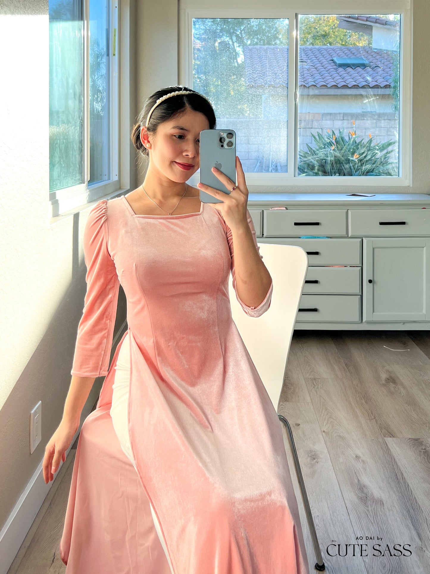 Blush Velvet Plain Ao Dai Top Only, NO PANTS