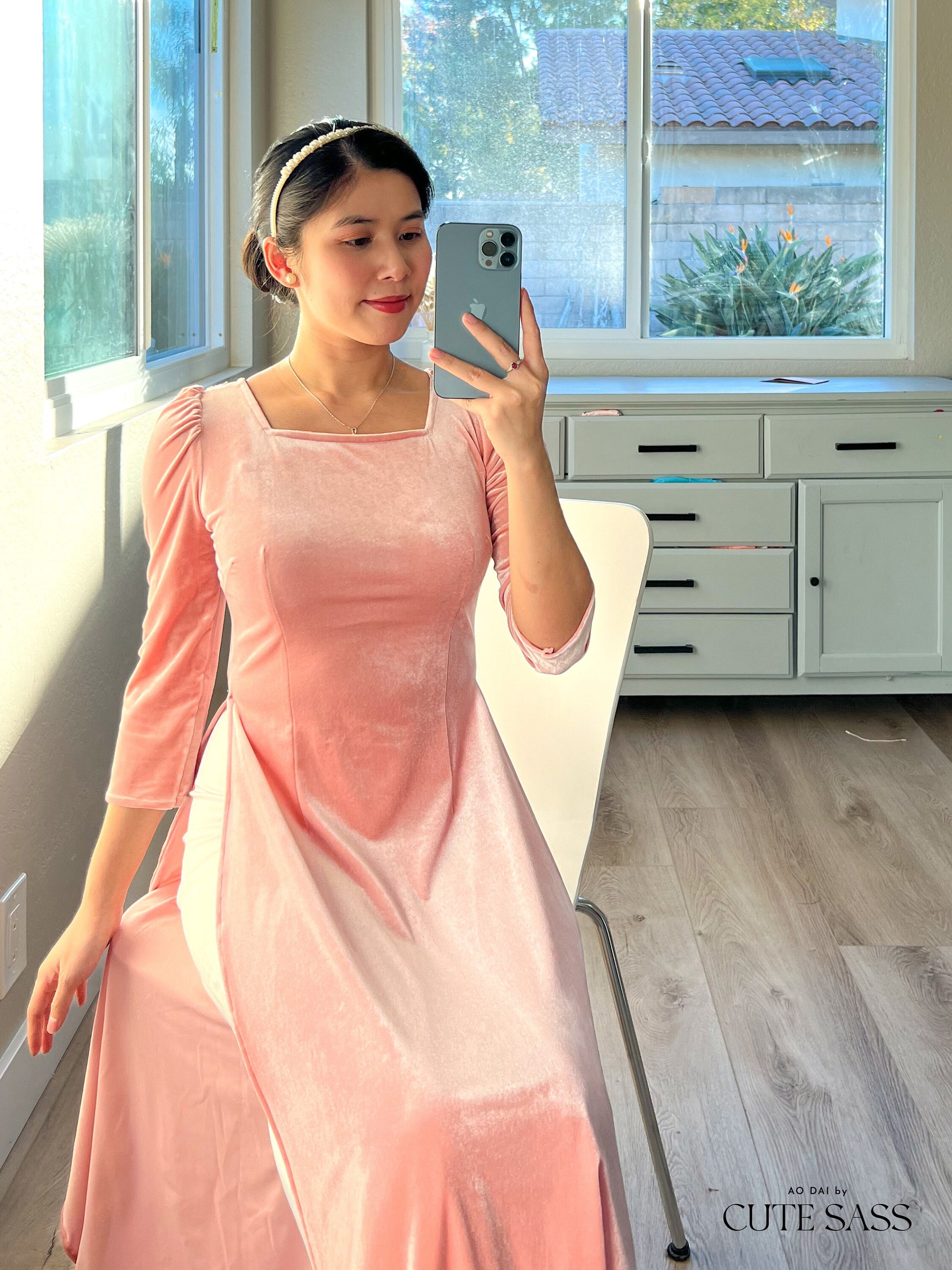 Blush Velvet Plain Ao Dai Top Only, NO PANTS