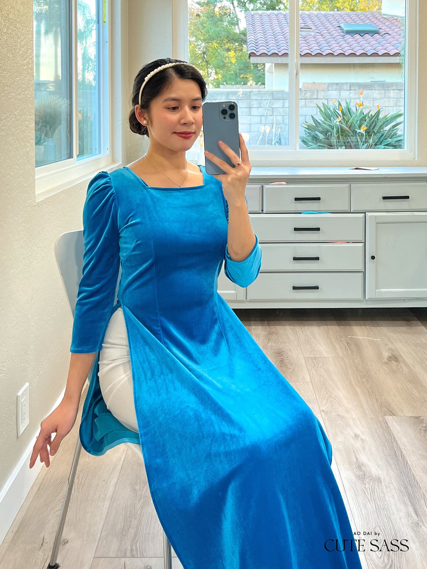 Turquoise Velvet Ao Dai Top Only, NO PANTS