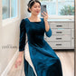 Prussian Blue Velvet Ao Dai Top Only, NO PANTS