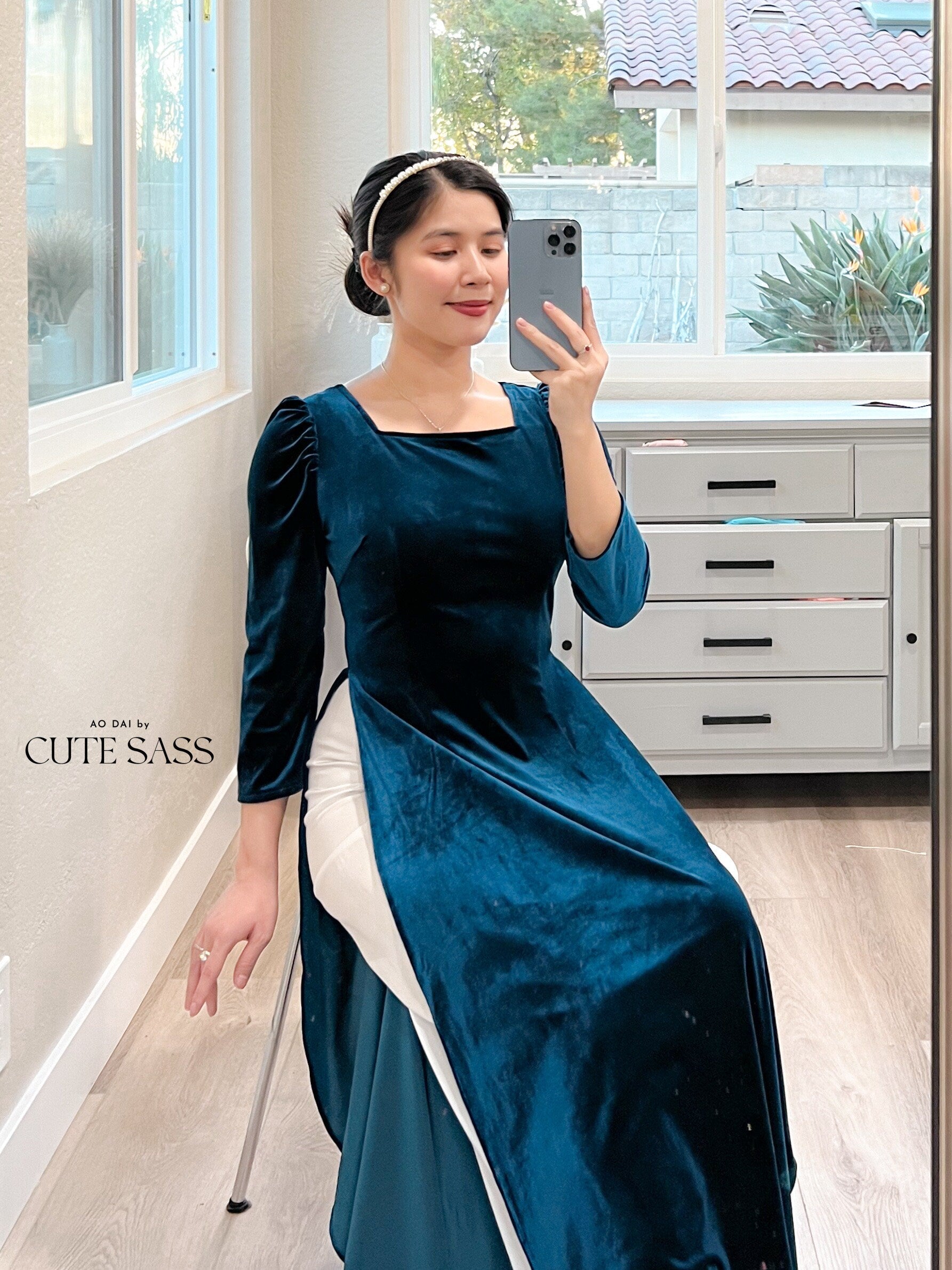 Prussian Blue Velvet Ao Dai Top Only, NO PANTS