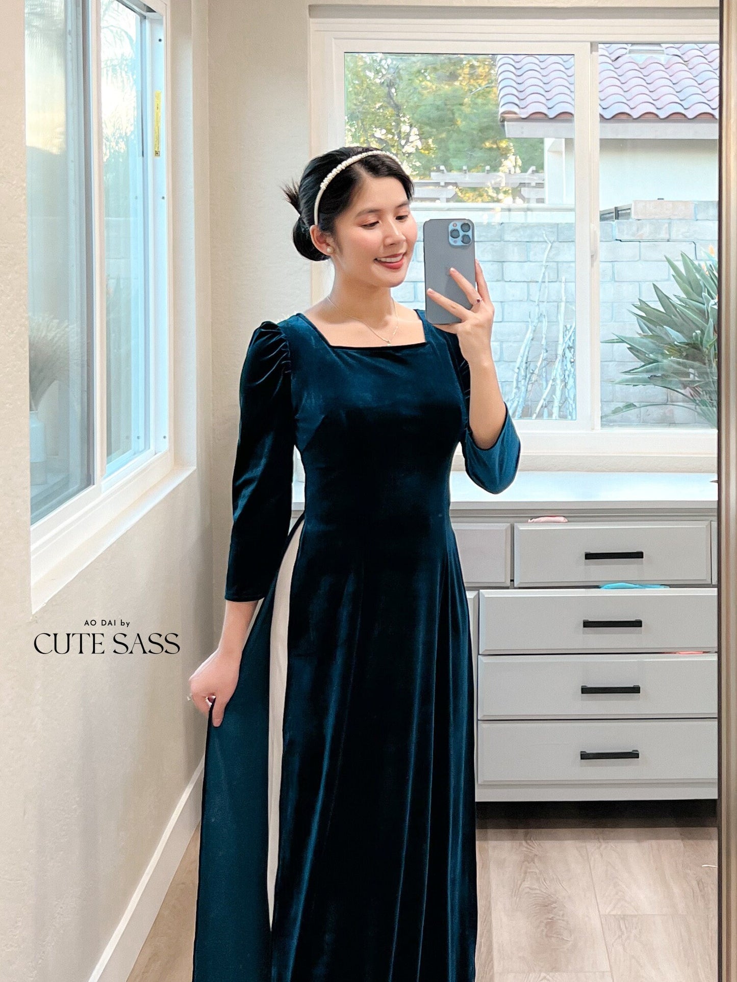 Prussian Blue Velvet Ao Dai Top Only, NO PANTS