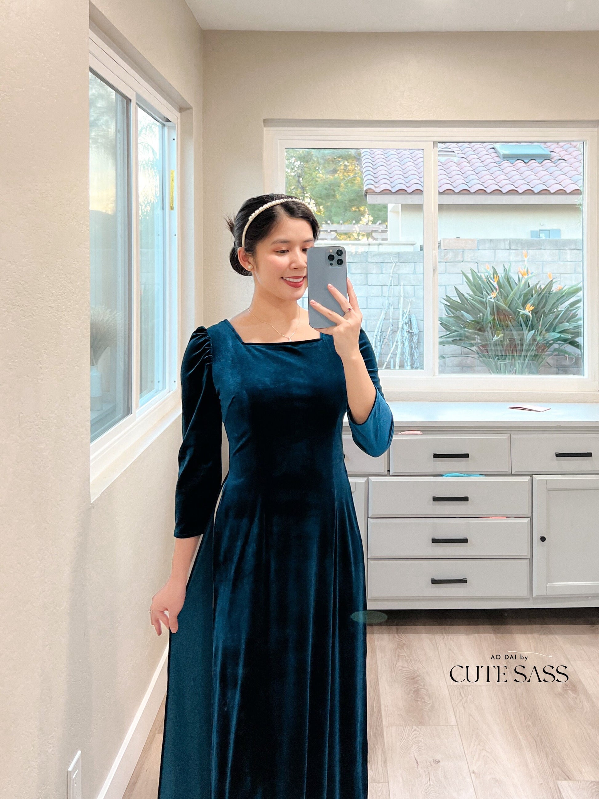 Prussian Blue Velvet Ao Dai Top Only, NO PANTS