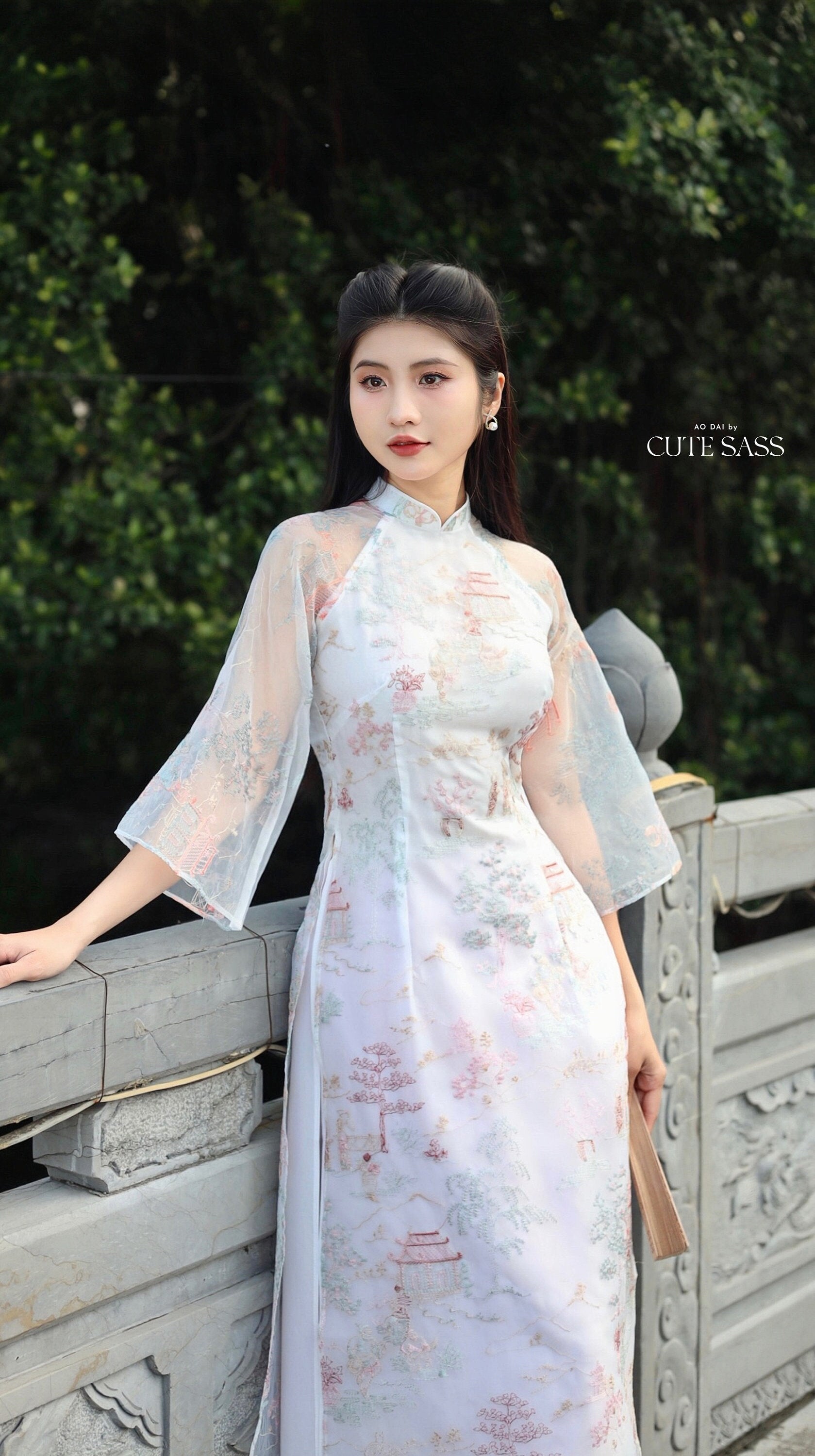 Modern Tu Minh - White Ao Dai Set |Pre-made Traditional Vietnamese Ao Dai|Ao Dai with Pants|Lunar New Year|Ao Dai Truyen Thong|