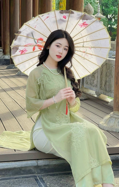 Shifted Chiffon Embroidery Ao Dai Top Only, NO PANTS (5 Colors)