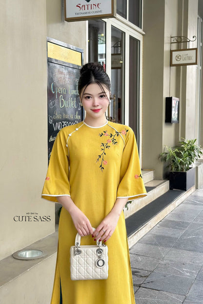 Shifted Embroidery Yellow Ao Dai Set |Pre-made Vietnamese Ao Dai|Women Ao Dai with Pants |Lunar New Year| Ao Dai Truyen Thong|