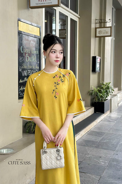 Shifted Embroidery Yellow Ao Dai Set |Pre-made Vietnamese Ao Dai|Women Ao Dai with Pants |Lunar New Year| Ao Dai Truyen Thong|