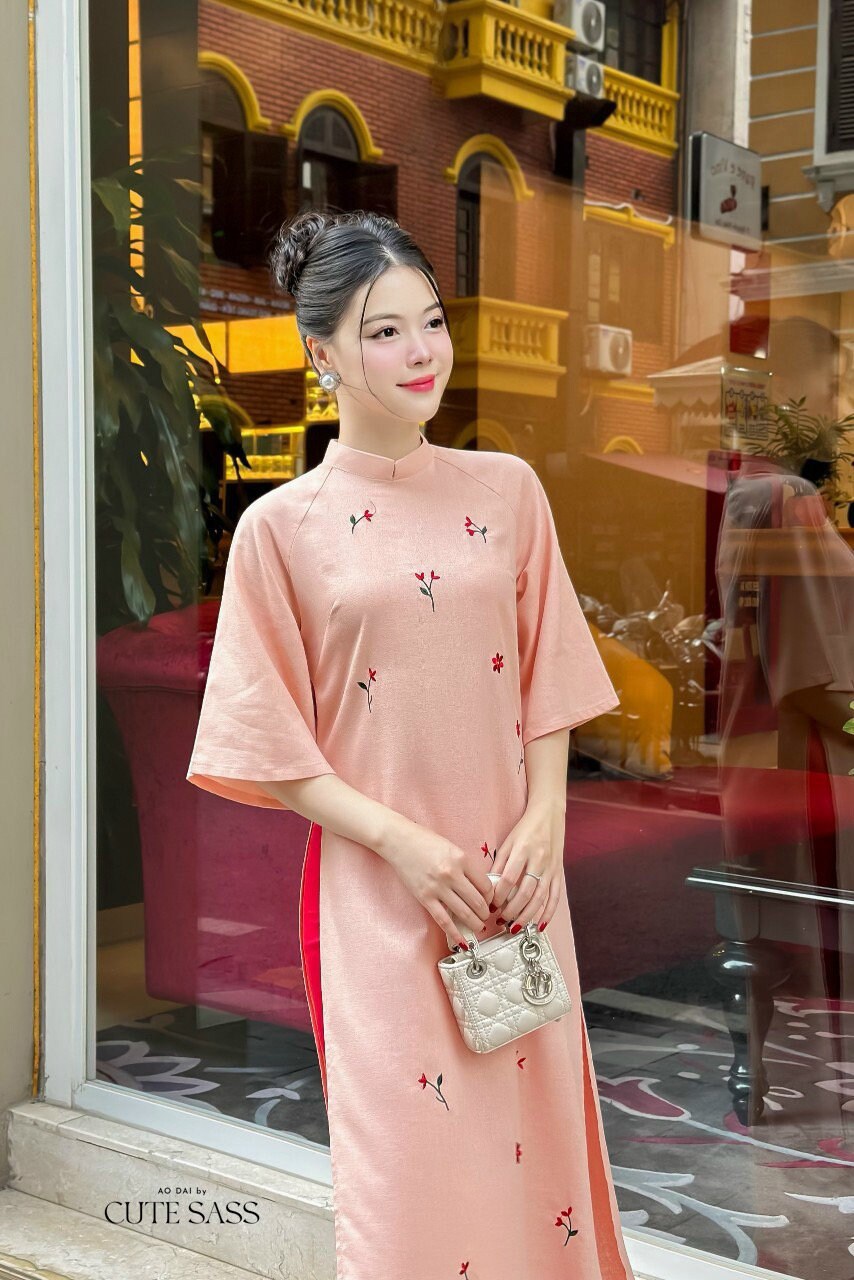 Shifted Embroidery Peach Ao Dai Set |Pre-made Vietnamese Ao Dai|Women Ao Dai with Pants |Lunar New Year| Ao Dai Truyen Thong|