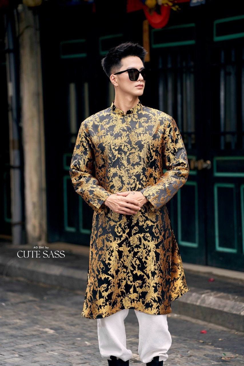 Black/Gold Gam Ao Dai Top | Pre-made Traditional Vietnamese Ao Dai| Lunar New Year | Ao Dai for Dad, Boy|Ao Dai Tet|