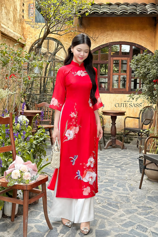 Red Sparkle Spring Ao Dai Set| Pre-made Traditional Vietnamese Ao Dai|Ao Dai with Pants|Lunar New Year|Ao Dai Cach Tan|