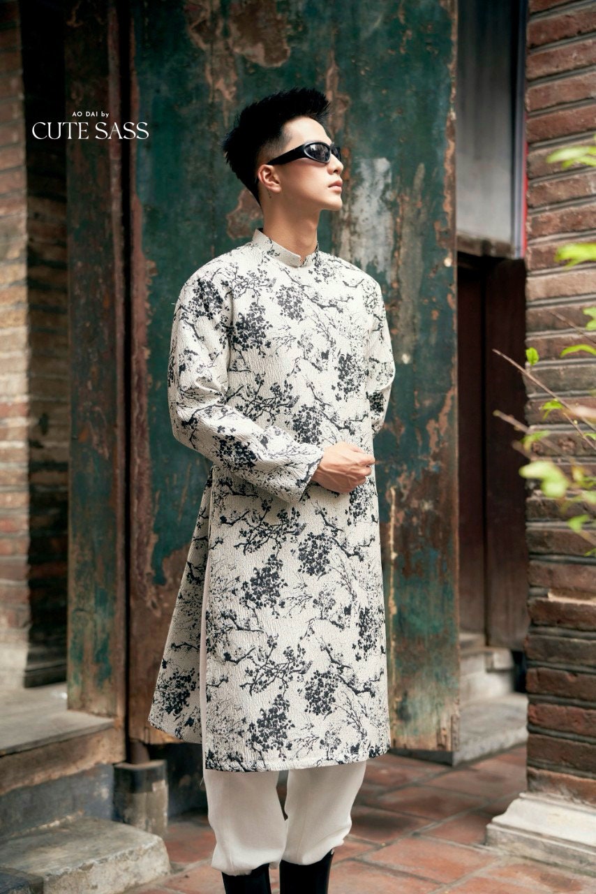 Men Black/White Gam Ao Dai Top