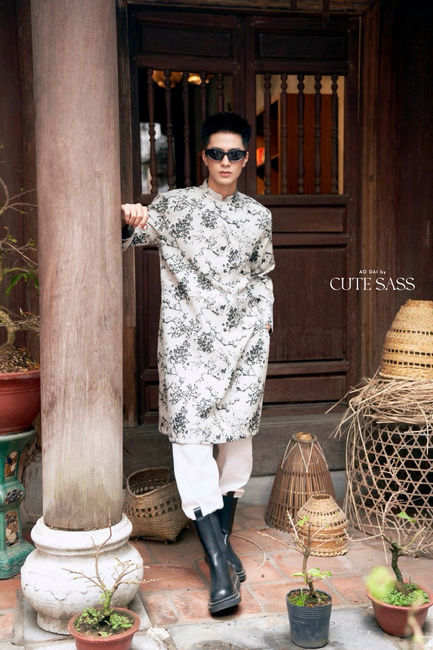 Men Black/White Gam Ao Dai Top